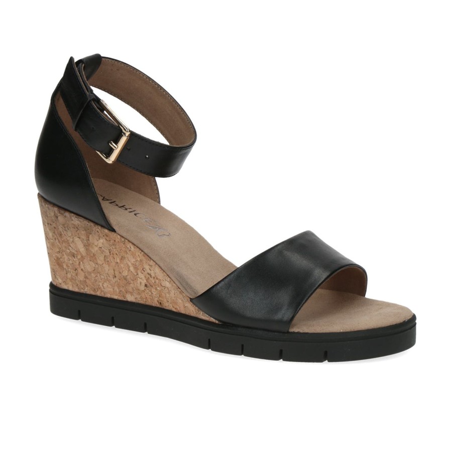 Caprice Caprice | Leather Wedge Sandal 28711 | Black | Heeled Sandals