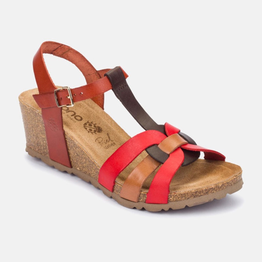 Yokono Yokono | Cadiz-138 Leather Wedge Sandal | Red Multi | Heeled Sandals