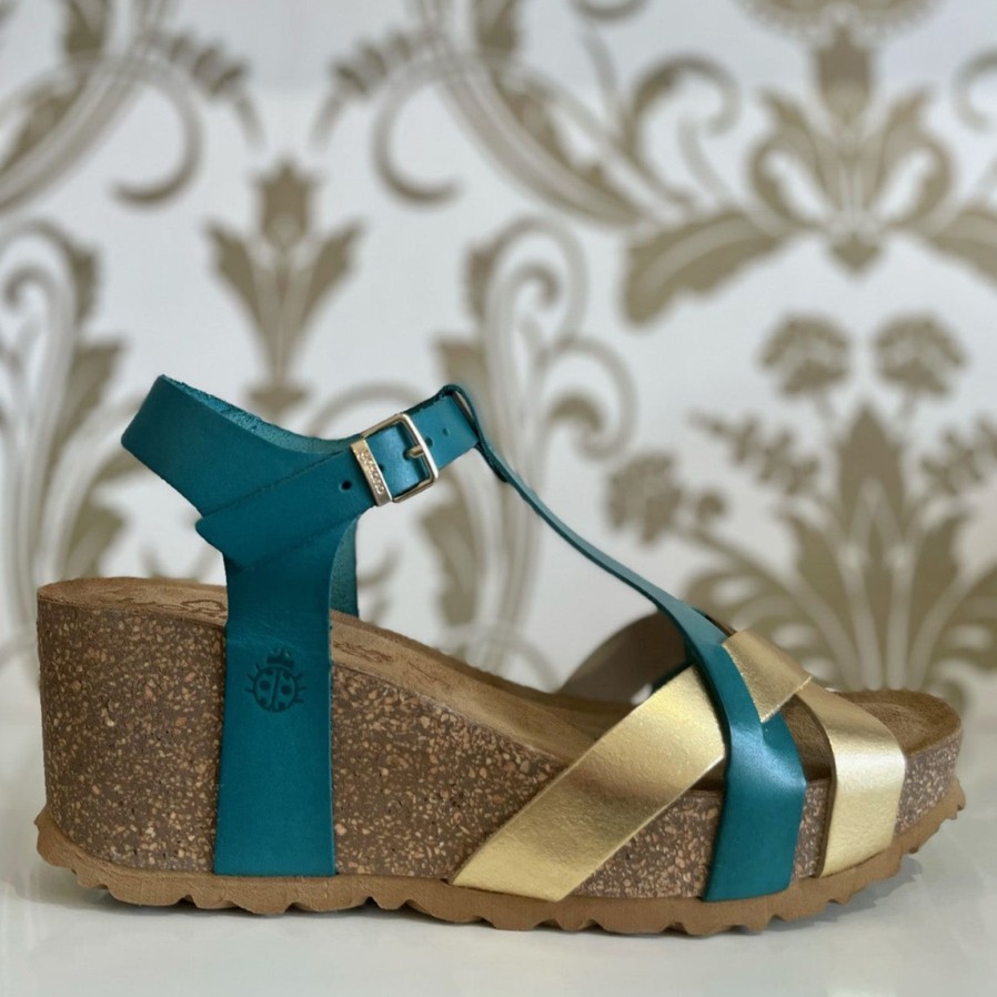 Yokono Yokono | Mora-011 Wedge Sandal | Gold/Pacific | Heeled Sandals