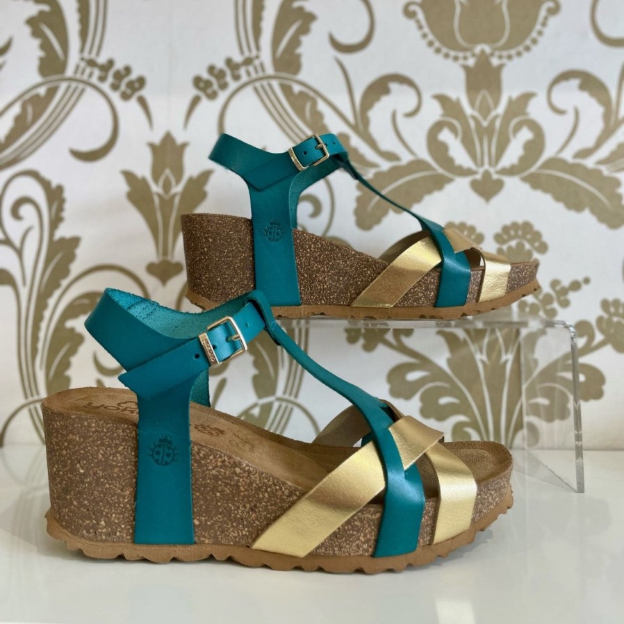 Yokono Yokono | Mora-011 Wedge Sandal | Gold/Pacific | Heeled Sandals