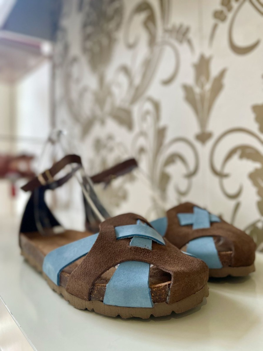 Yokono Yokono | Villa-178 Flat Sandal | Brown/Sky Blue Nubuck | Flat Sandals